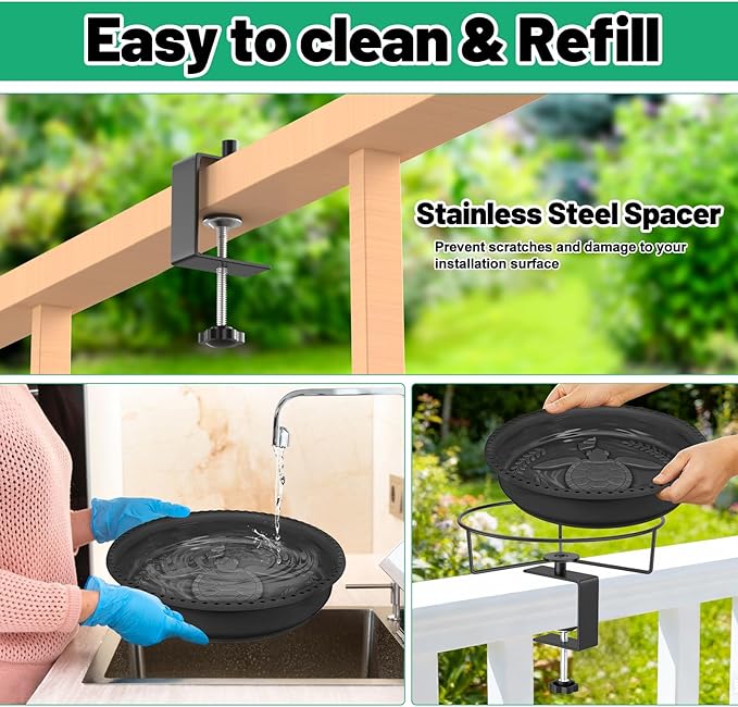 Bird Baths for Outdoors, Rustproof Metal Clamp Birdbaths & Birdfeeder with Detachable Plastic Basin, Outdoor Bird Feeding & Watering Station for Wild Birds Garden Patio Balcony (Black)