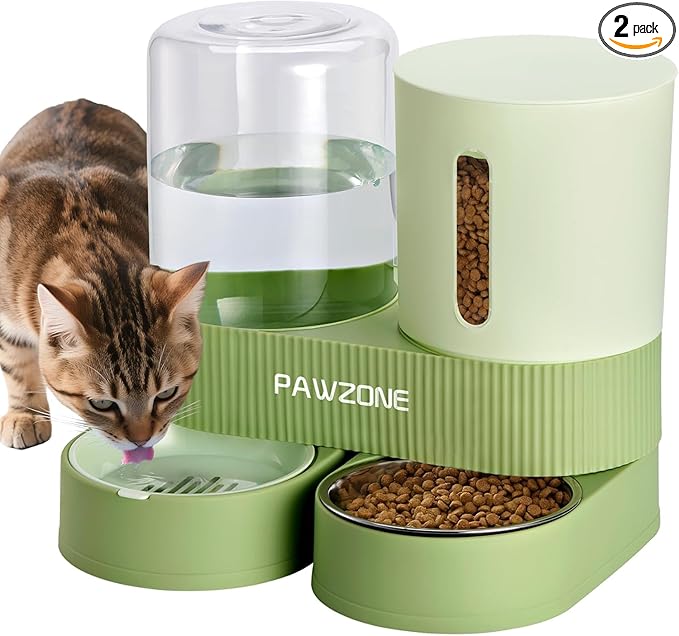 2 Pack Automatic Cat Feeder Stainless Steel Water Dispenser Gravity Food Feeder and Waterer Set with Pet Food Bowl for Small Medium Kitten Puppy Pets Large Capacity(Green)