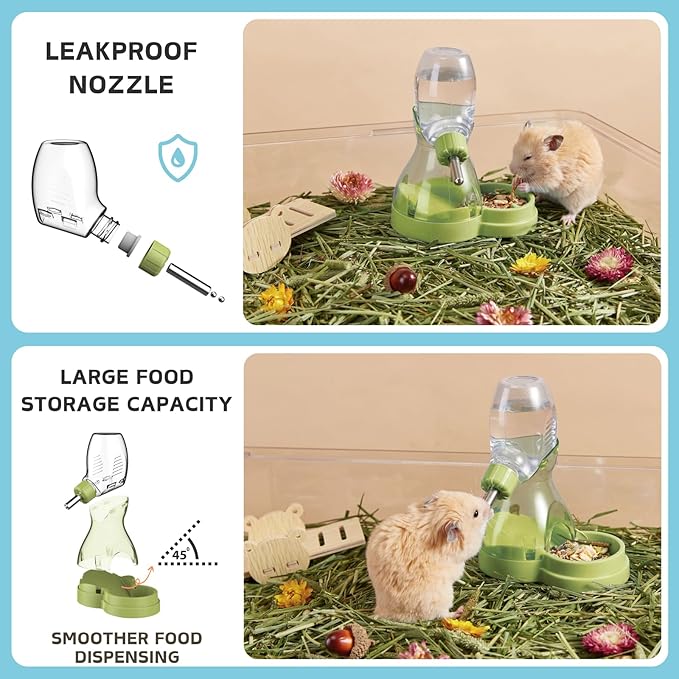 2 in 1 Hamster Water Bottle No Drip with Large Capacity Automatic Food Dispenser Small Animal Feeder for Syrian Dwarf Hamster Mouse Rat Degu (Green, 3oz)