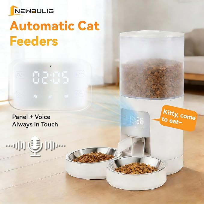 NEWBULIG Automatic Cat Feeder for 2 Cats, 6L Timed Pet Feeders with 10s Voice Recorder, Dog Food Dispenser, Dry Food, 6 Meals, Programmable 50 Portions, Dual Power Supply