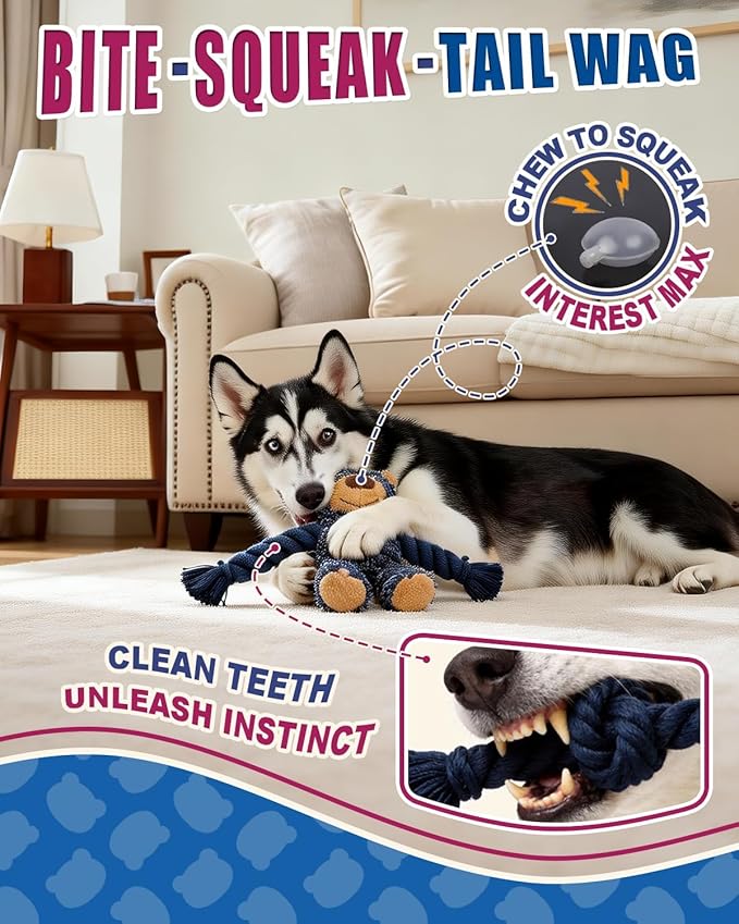 Ragged Bear Dog Toys for Aggressive Chewers, Indestructible Dog Toys with Tough Rope Core, Resistant Squeak Pet Toy for Boredom and Teething, Suitable for All Breed