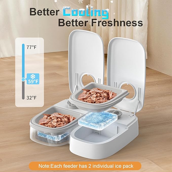 Automatic 2-Meal Cat Feeder - 48H Timed Wet Cat Food Refrigerated Dispenser with 2 Ice Packs for Puppies and Kittens in Yogurt and Canned