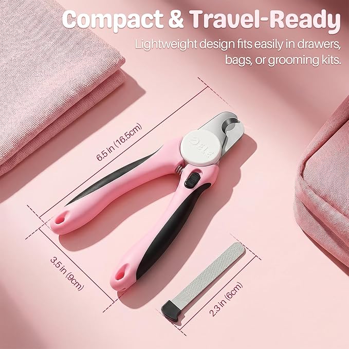 Flexzion Pet Nail Clippers for Dogs & Cats - Stainless Steel Blade Cat Nail Trimmer with Stored Nail File, Safety Guard, Easy Grip Handle - Dog Nail Clippers for Large Dogs, Medium Small Breeds, Pink