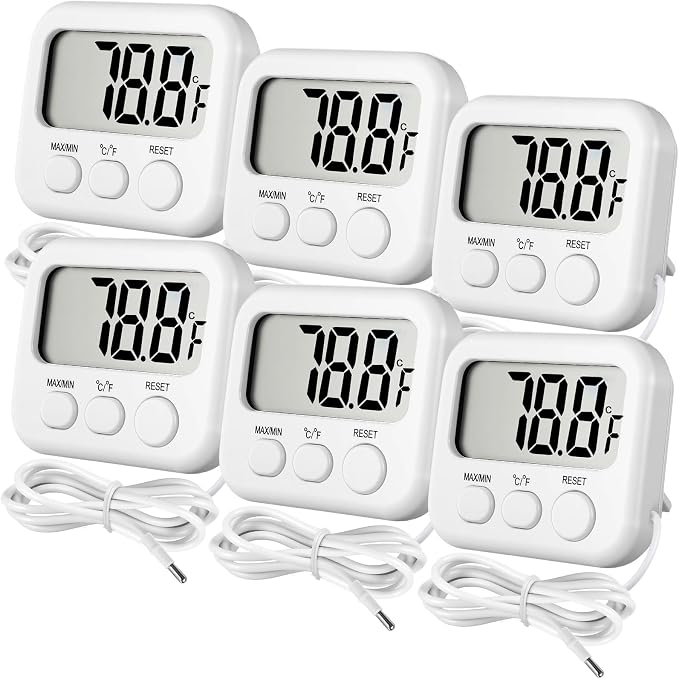 Kingdder 6 Pack Digital Thermometer with Magnetic Back External Sensor Fridge Thermometer Freezer Waterproof Room Temperature Monitor with LCD Display, Max/min Record Function for Kitchen Aquarium
