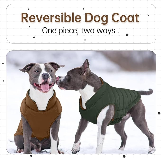 Lelepet Reversible Dog Coat Waterproof Dog Jacket Windproof Puffer Vest for Winter Warm Lightweight Coats for Small Dogs Adjustbale Hook & Loop Pet Apparel with Leash Hole, Shih Tzu, Brown, S