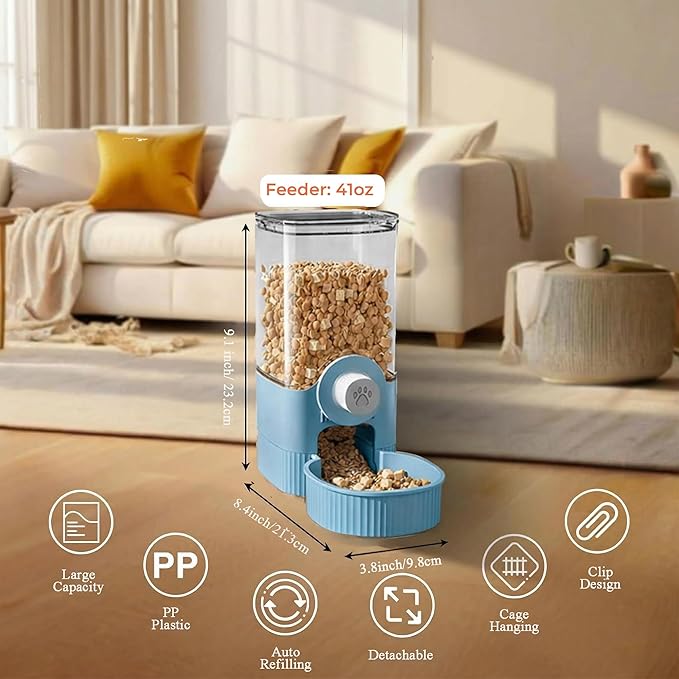 Auto Gravity Food Dispenser for Cage Hanging, 41OZ Capacity Hanging Automatic Pet Cage Feeder, Food Bowl for Cats Dogs Rabbit Ferret Chinchilla Bird Hedgehog Guinea Pig (Blue)