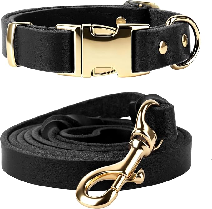 Leather Dog Collar and Leash Set, 6FT Heavy Duty Leather Training Leash with Adjustable Dog Collar, Soft and Durable Dogs Leashes and Collars Set for Small Medium Large Dogs (Black, L)