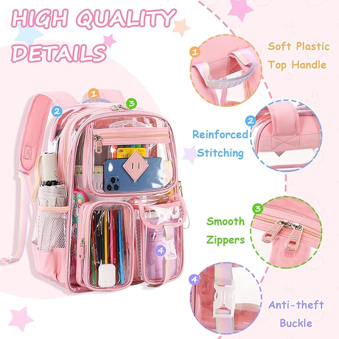 PIG PIG GIRL Clear Backpack for School,Heavy Duty PVC Transparent Bookbag for Girls Stadium Approved See Through Backpack
