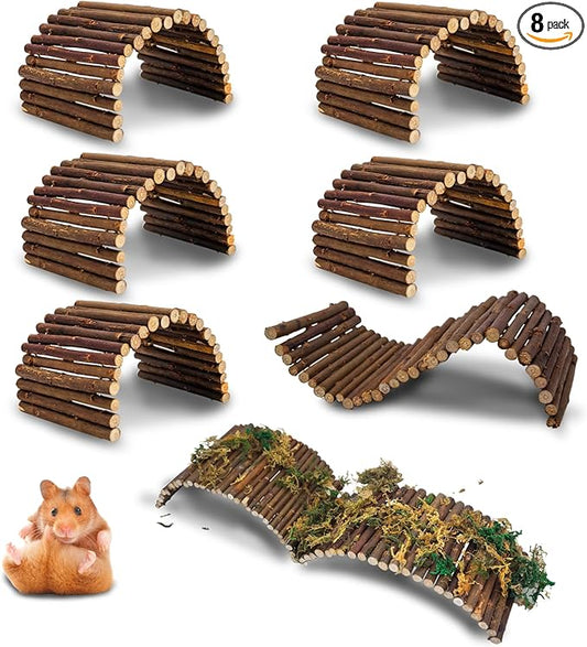PINVNBY 8 PCS Hamster Wooden Ladder Bridge Tunnel Hide, Hamster Cage Accessories for Chinchillas Guinea Pigs Mouse Rat Ferre, Rodents Natural Hideout for Small Animals