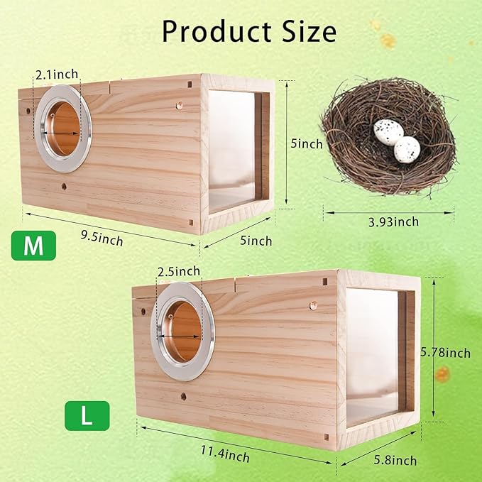 Bird Nesting Box Parakeet Parrot Breeding Nest Wooden Acrylic Transparent Bird House with Small Nest for Small Parrot Conure Lovebirds (Medium)