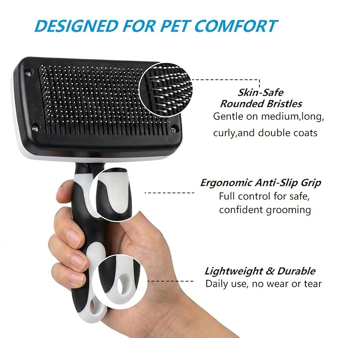 PETIMP STORE 4PCS Self Cleaning Slicker Brush, Pet Grooming Rake, Bath Brush & Massage Brush for Short/Long Haired Dogs, Cats & Horses, Pet Grooming Deshedding Tools - Pet Supplies (White Black)