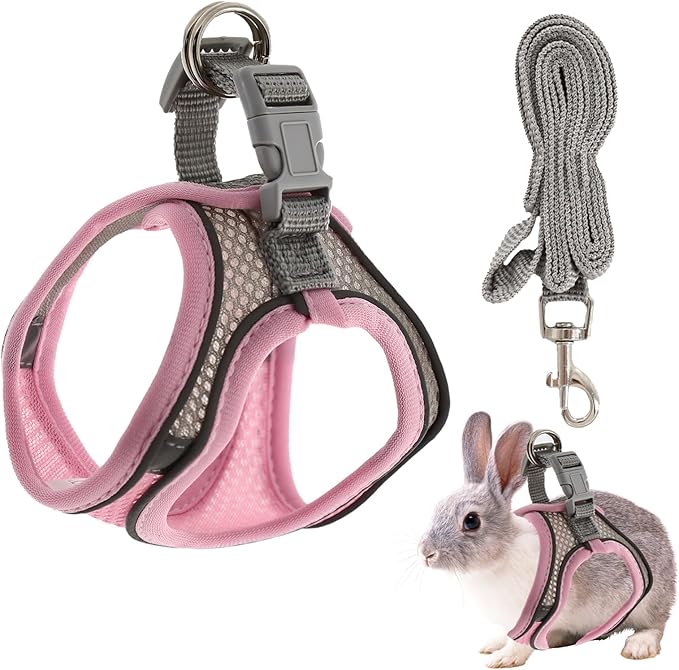 Rabbit Harness and Leash Set, Breathable Pet Vest, Bunny Harness with Reflective Strips, Soft Mesh for Small Kitten, Puppy, Rabbit and Small Animals(Pink)