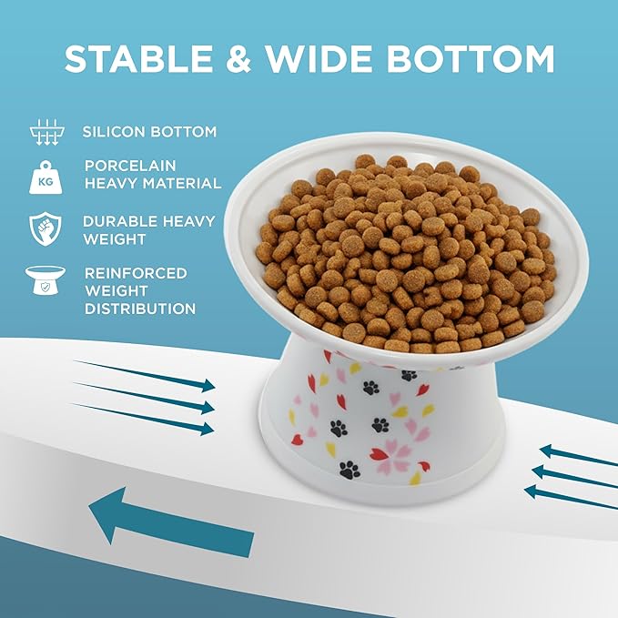 Necoichi Raised Cat Food Bowl – Ceramic Elevated Cat Bowl for Whisker & Neck Fatigue, Dishwasher Microwave Safe – Non-Slip & Anti Vomiting Ergonomic Design (Sakura Floral, Extra Wide, 2-Cups Capacity)
