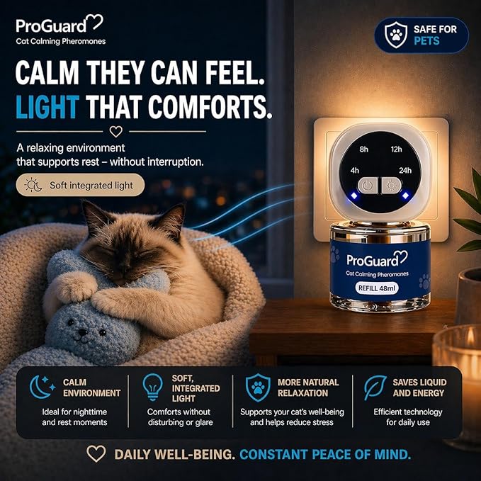 ProGuard® Cat Calming Diffuser Kit with Timer – Advanced Support to Reduce Stress, Spraying, Scratching, Fighting and Hiding – Cat Pheromone Diffuser 9-in-1 with 3 Diffusers with Timer + 6 Refills