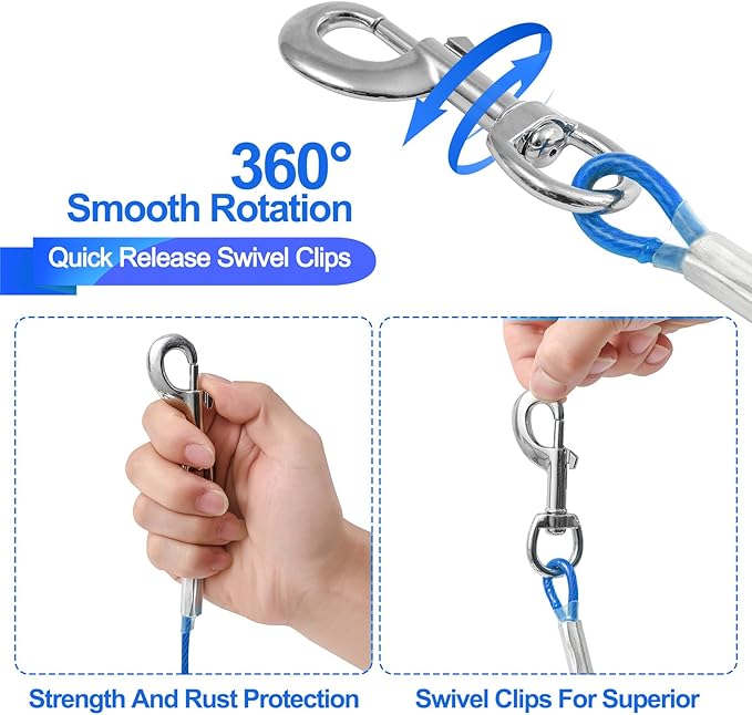Tie Out Cable for Dogs,10/20/30/50/100FT Dog Leads for Yard Chew Proof,Heavy Duty Tie Out Cable for Large Dogs Up to 125lbs,Dog Runner Tether (Blue, 125Ibs 10ft)