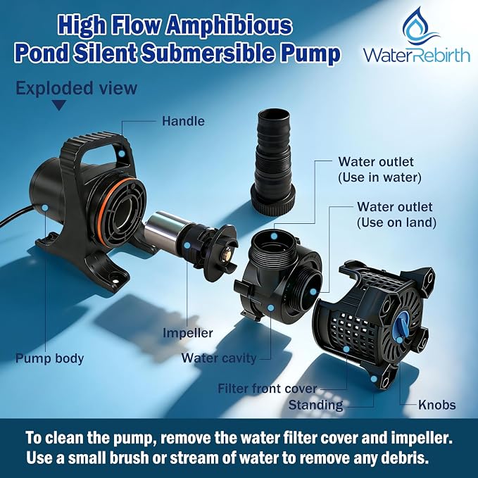 Pond Pump, 2400GPH 180W Adjustable Flow Submersible & Inline Water Pump, 16.5ft Lift, Copper Motor, IPX8 Waterproof for Outdoor Koi Pond, Fountain, Waterfall, Hydroponics