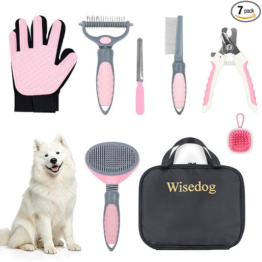 Wisedog Dog Grooming Kit 7PCS - Cat Nail Clipper with Nail File, Dematting Comb for Dogs, Flea Comb, Bath Brush, Hair Removal Mitts (Upgraded Pink)