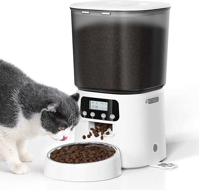 Petrice Automatic Cat Feeder, 4L/16Cups Cat Food Dispenser with Stainless Steel Bowl 30 Portions 6 Meals per Day, Programmable Auto Cat Feeder for Kitty Small Dogs with 10S Voice Record, White