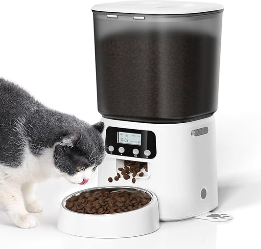 Petrice Automatic Cat Feeder, 4L/16Cups Cat Food Dispenser with Stainless Steel Bowl 30 Portions 6 Meals per Day, Programmable Auto Cat Feeder for Kitty Small Dogs with 10S Voice Record, White