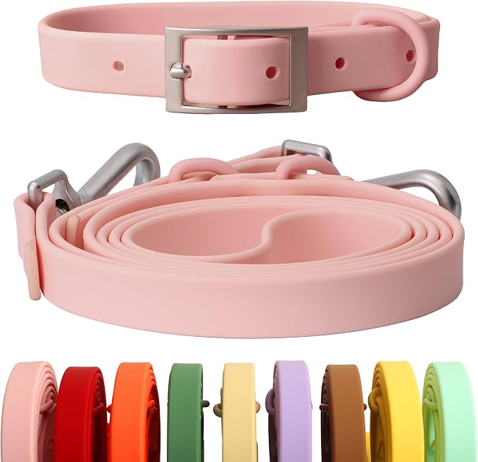 Dog Collar and Leash Set, Durable Waterproof Dog Leashes Collars, 5 Length Setting Adjustable Dog Collars for Large Medium Small Dogs (Sakura Pink, M)