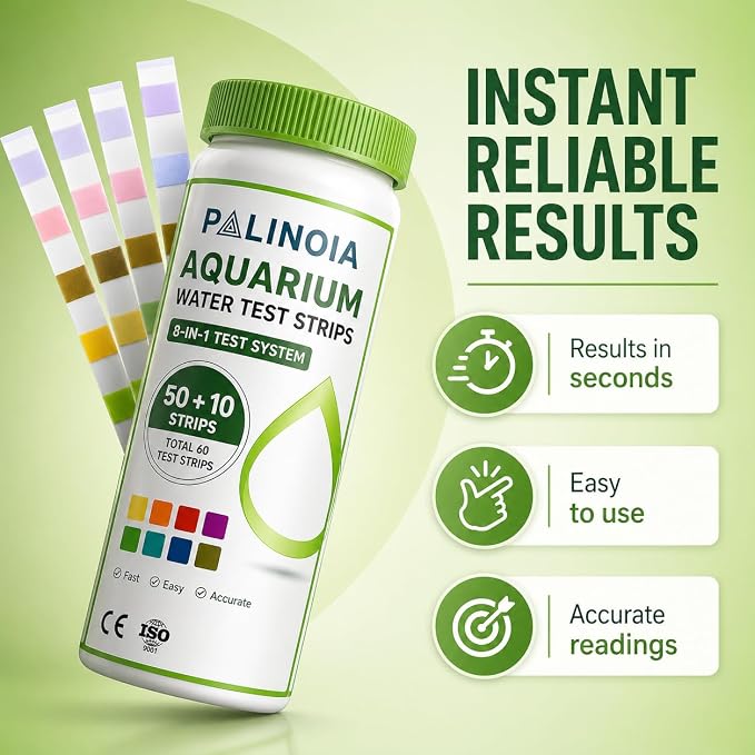 8-in-1 Fish Tank Test Strips (60 Count) – Aquarium Water Testing Kit for Freshwater & Saltwater – Tests pH, Ammonia, Nitrate, Nitrite, Hardness, Alkalinity, Chlorine & Salinity