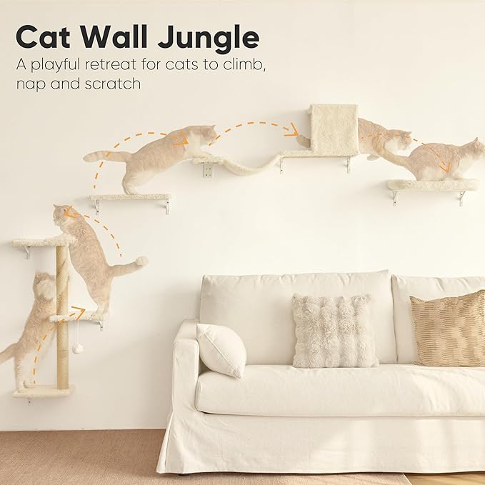 FUKUMARU Cat Wall Shelves, Stable & Safe 5 in 1 Cat Walls Furniture Set, Wooden Kitten Climbing Wall with Scratching Post for 16 Inch Drywall - Beige