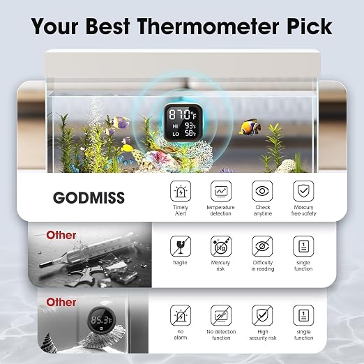 Smart Digital Fish Tank Thermometer,Aquarium Thermometer | LED Display, ±0.9°F, Alarm for Aquarium & More | 5-200 Gallon | High/Low Temperature Alert