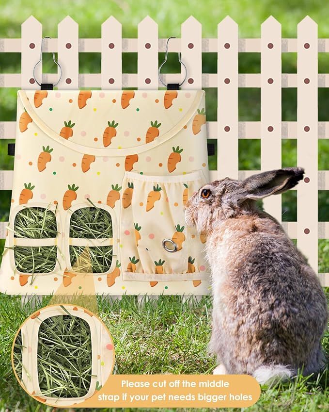 Bissap Rabbit Hay Feeder Bag, 2 Holes Hanging Hay Feeder Guinea Pig Hay Bag with Side Pocket for Rabbits Bunny Chinchillas Hamsters Rats and Other Small Pets Small Animal - Beige