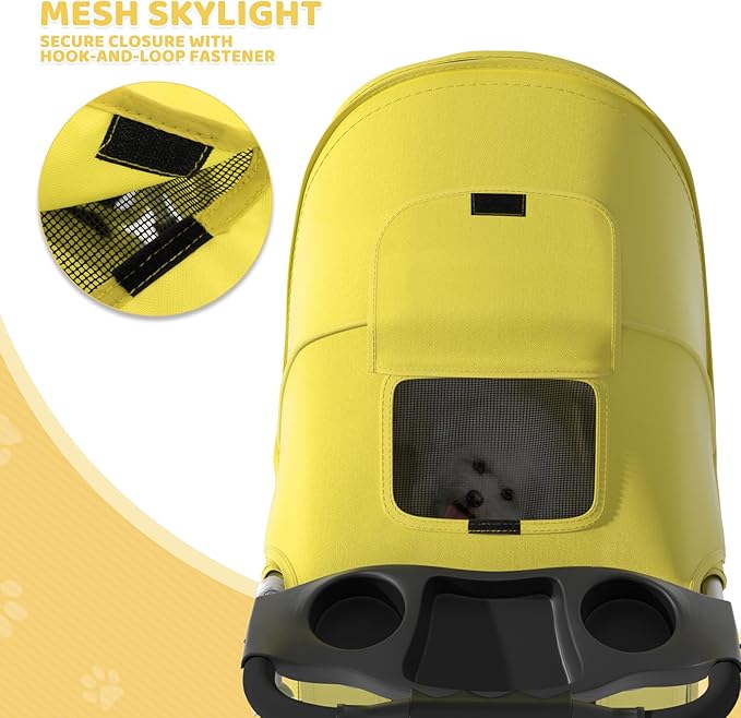 Magshion 3-Wheel Pet Stroller, Foldable Travel Jogger for Small & Medium Dogs & Cats (Up to 33lbs), Lightweight Carrier with Breathable Mesh Cover, Cup Holder & Storage Basket, Yellow