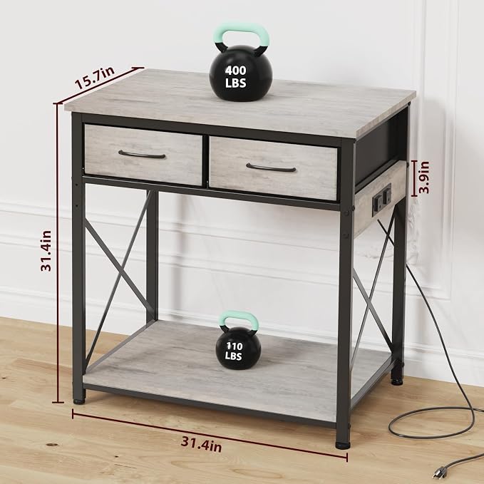 20-29-37 Gallon Fish Tank Stand with Power Outlets and 2 Drawers, Grey | Heavy duty metal frame holds up to 400 pounds with a lower shelf for a second aquarium, turtle tank or reptile terrarium