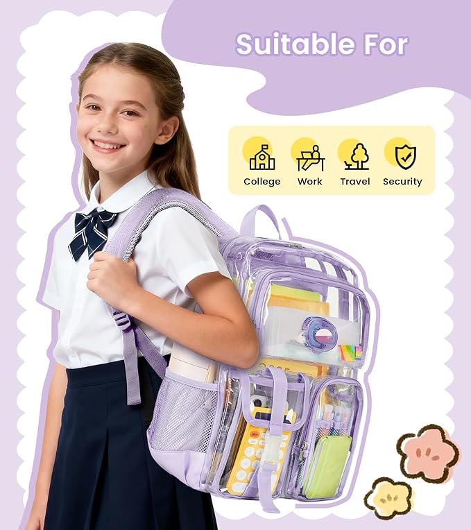 Vorspack Clear Backpack - Heavy Duty Transparent Bookbag for Adults Extra Large See Through backpacks for Work, College, Travel - Purple
