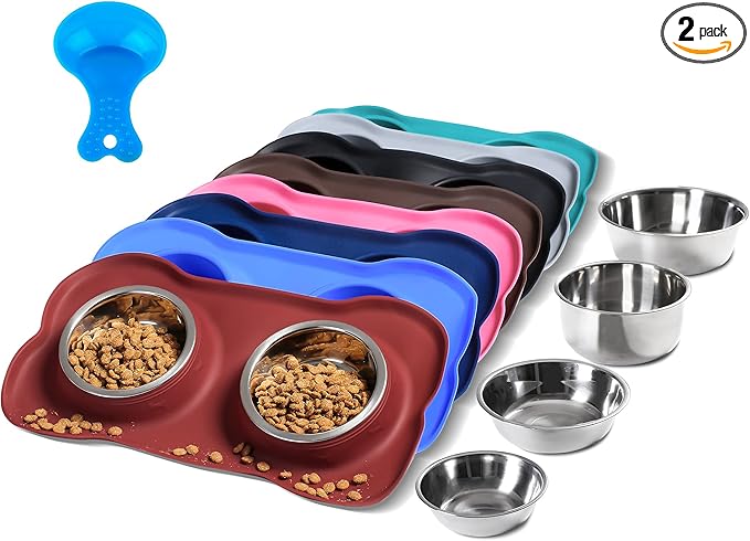 Hubulk Pet Dog Bowls 2 Stainless Steel Dog Bowl with No Spill Non-Skid Silicone Mat + Pet Food Scoop Water and Food Feeder Bowls for Feeding Small Medium Large Dogs Cats Puppies (X- Large, Burgundy)