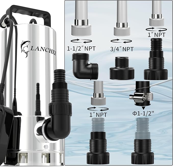 LANCHEZ 1.6HP 6000GPH Sump Pump, Stainless Steel High Flow Submersible Water Pump with Float Switch, Automatic Transfer Water Pump for Swimming Pool Basement Flooded Pit Sewage Sink Tub, Silver