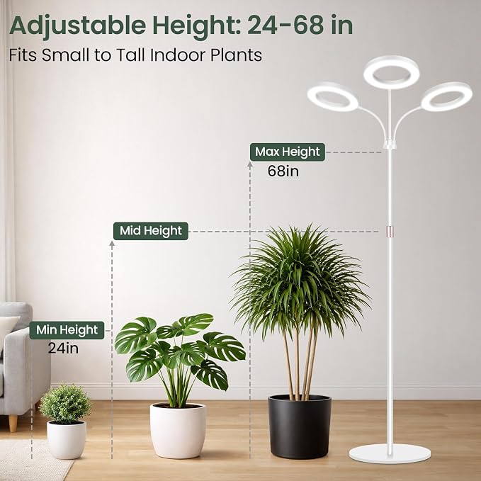 LBW 3-Head Grow Light with Stand for Indoor Plants, Full Spectrum Grow Light for Tall Large Plants, Adjustable Height up to 68", Auto Cycle Timer 6/8/12/16H, 5-Level Dimming, 3 Lighting Modes,White