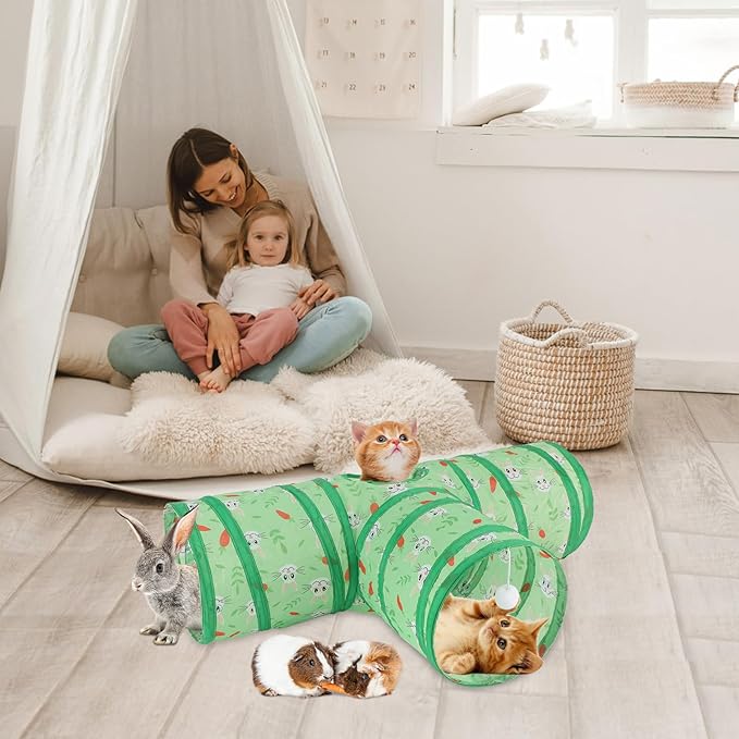 BWOGUE Bunny Tunnels & Tubes Collapsible 3 Way Bunny Hideout Small Animal Activity Tunnel Toys for Dwarf Rabbits Guinea Pigs Kitty