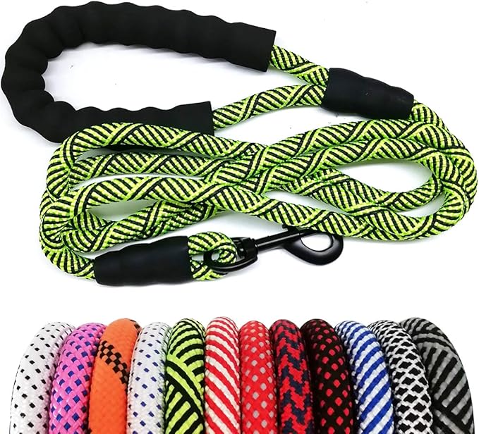 MayPaw Heavy Duty Rope Dog Leash, 3/4/5/6/7/8/10/12/15 FT Nylon Pet Leash, Soft Padded Handle Thick Lead Leashes for Large Medium Dogs (Green Black, 1/2" * 10')