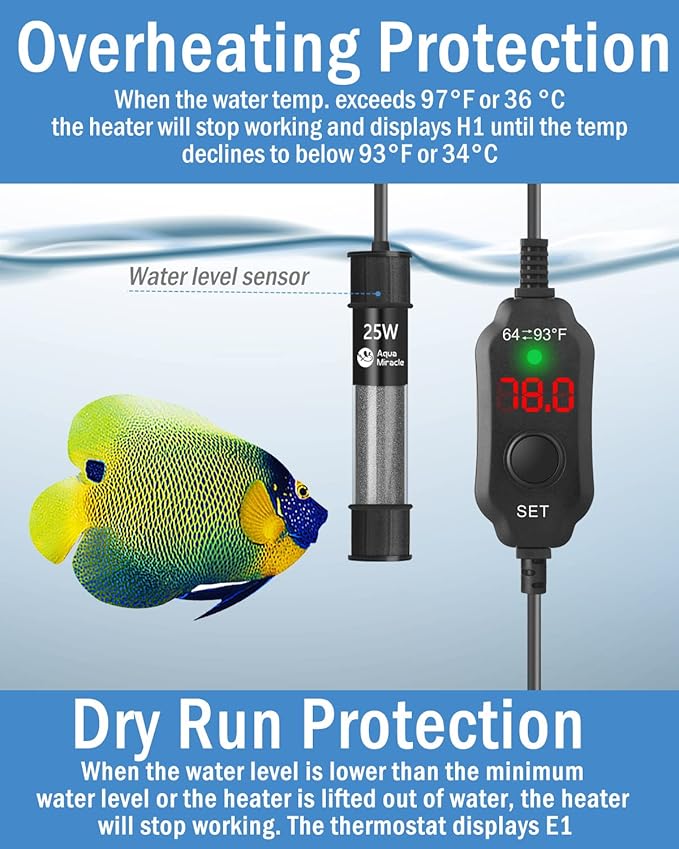 AquaMiracle Aquarium Heater 25W Fish Tank Heater for 3-5 Gal Tanks, LED Digital Display Thermostat Turtle Heater with Out-of-Water Auto Shut-Off, Overheat Protection & Memory Function