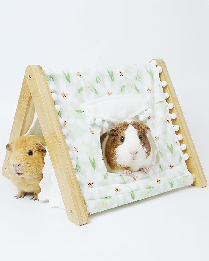 Guinea Pig Hideout, Sturdy Bamboo Small Animal House with Window, Rabbit Bunny Tunnel, Easy to Assemble for Hamsters Bunny Rat Chinchillas Playing Hiding, Guinea Pig Cage Accessories, Green