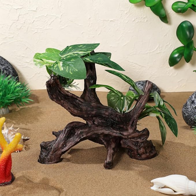 Veemoon Aquarium Driftwood Resin Decor with Cloth Leaf Plants and Driftwood Cave Realistic Fish Tank Landscape Ornament for Freshwater and Saltwater Aquatic Pets 6.69 X 4.33 X 3.93 Inch