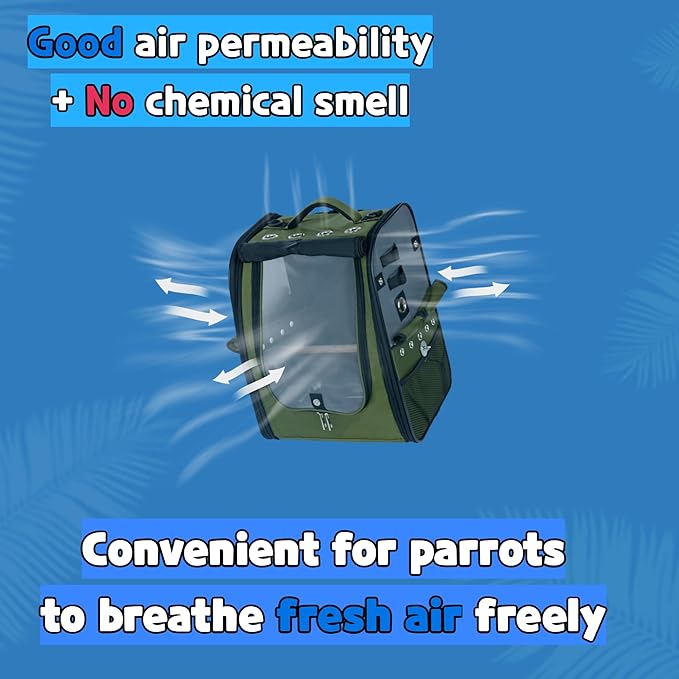 Birds Day Bird Carrier Backpack - Breathable Mesh Portable Parrot Travel Cage with 2PCS Perch, Food Bowl, and Stainless Steel Tray (Dark Olive Green)