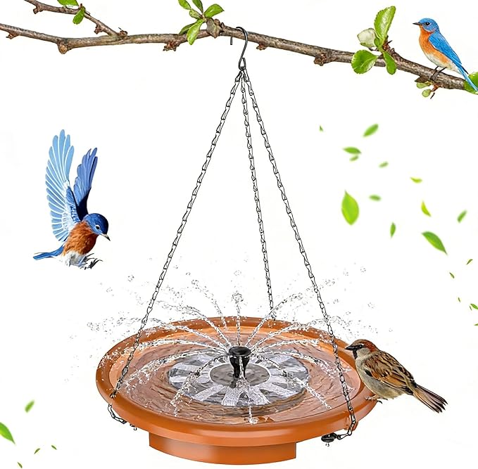 AISITIN 15" Hanging Bird Bath with Solar Fountain, Outdoor Hanging Bird Bath Bowl with 3-Tier Steps, Solar Powered Water Fountain for Bird Bath, Feeder, Drinking, Garden Patio Lawn Backyard