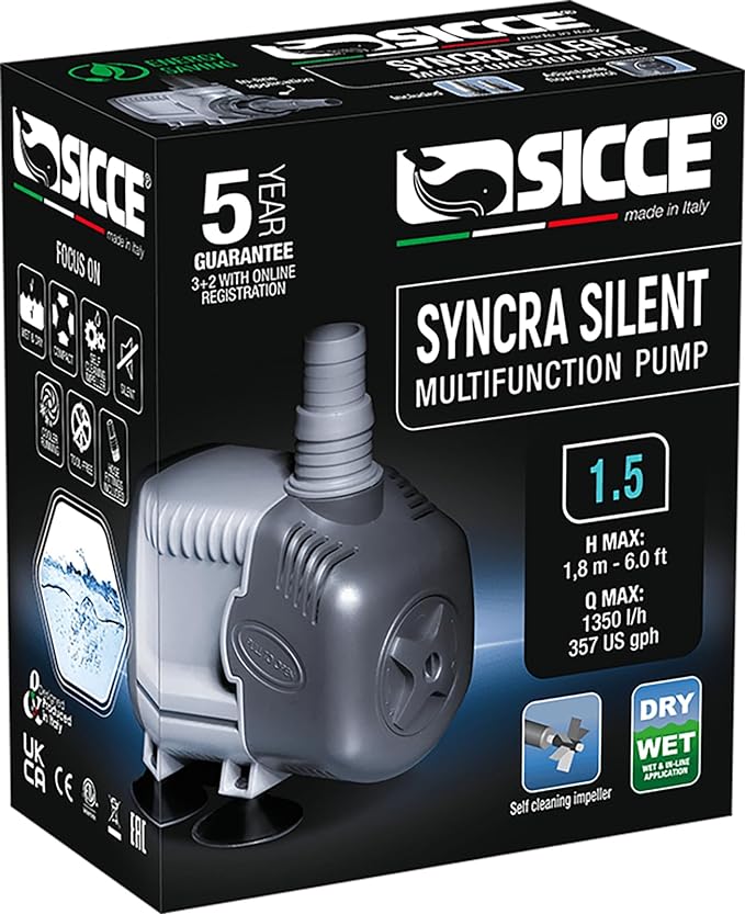 SICCE Syncra Silent 1.5 Multifunction 357 GPH Submersible Water Pump | Italian Made 23W Ultra Quiet Durable Aquarium Fish Tank, Fountain, Pond, Hydroponics, Terrarium Black | Freshwater & Saltwater