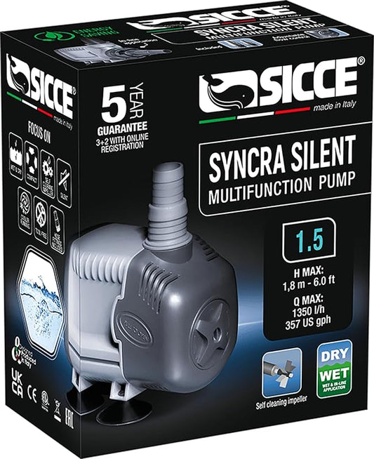 SICCE Syncra Silent 1.5 Multifunction 357 GPH Submersible Water Pump | Italian Made 23W Ultra Quiet Durable Aquarium Fish Tank, Fountain, Pond, Hydroponics, Terrarium Black | Freshwater & Saltwater