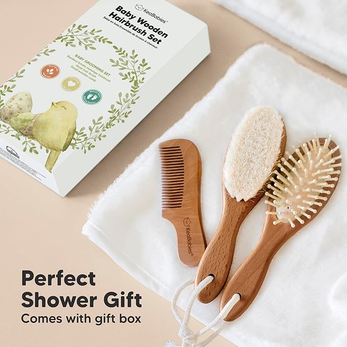 Baby Hair Brush Set for Newborns - Soft Goat Bristle Wooden Baby Brush and Comb Set Newborn Grooming Kit for Cradle Cap, Durable & Gentle, Boy, Girl Infant Essentials Care Kit (Regular, Dark Walnut)