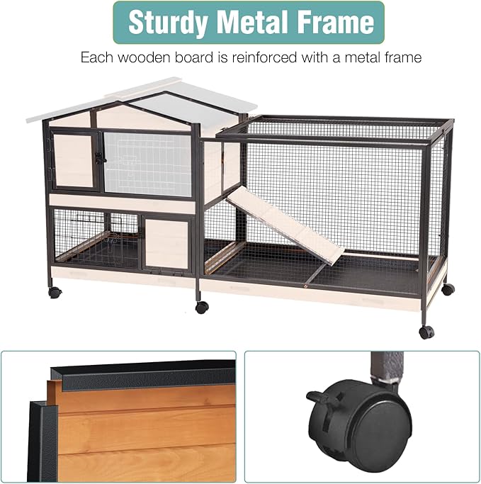 Suumerpety 2-Story Rabbit Cage with Chew-Proof Metal Frame for Indoor/Outdoor - 62" Bunny Hutch Guinea Pig Cages with 6 Locking Wheels & 2 Removable Trays for Rabbits/Guinea Pigs