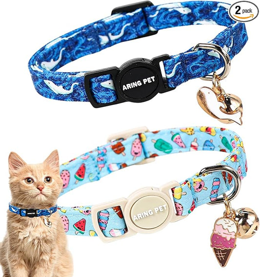 ARING PET 2 Pack Cat Collars with Bell, Cute Soft Cotton Kitten Kitty Breakaway Summer Cat Collars for Boy Girl Cats-Blue Ice Pop & Whale
