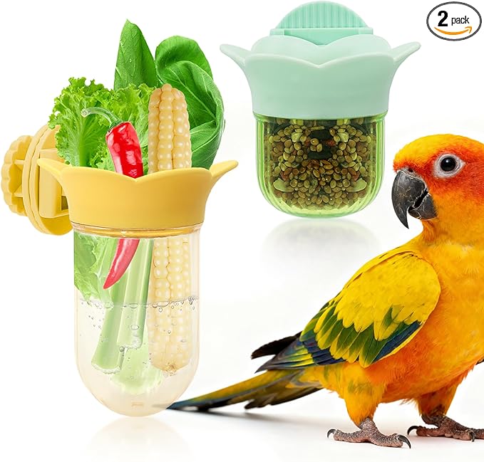 2Pcs Bird Cage Feeder for Vegetable & Water/Pellets, Parrot Veggies Holder with Water-Storage Design to Keep Greens Fresh, No Mess Hanging Bird Feeding Bowls, Separate Design for Balanced Nutrition