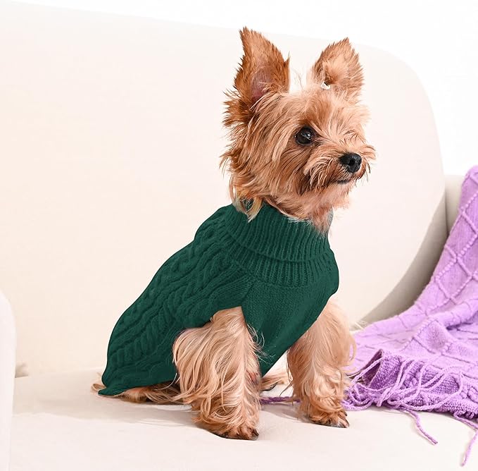 2 Pack Dog Sweaters for Small Dogs Winter Turtleneck Pullover Cable Knit Fleece Stretch Puppy Doggie Chihuahua Toy Poodle Yorkie Pomeranian Boy Girl Pet Clothes (XS, Green & Brown)