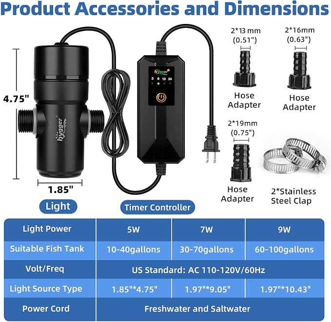 hygger Aquarium U-V Light, 5W U-V-C Lamp with Timer for 10-40 Gallon Tanks | Compact U-V light with Timer, 360° ABS Protective Shield, Freshwater or Saltwater Aquariums, Clear Water Support
