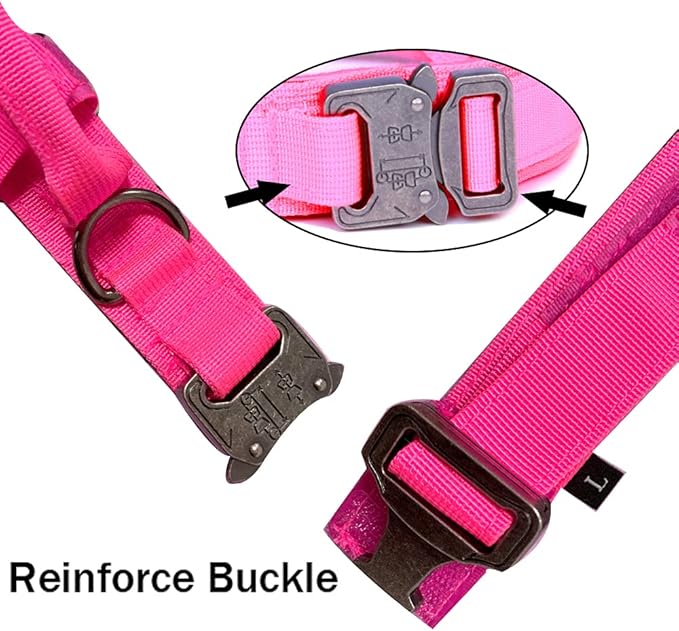 Xqpetlihai Tactical Dog Collar and Leash Set Adjustable Military Nylon Dog Collar with Control Handle and Heavy Duty Metal Buckle for Large Dogs（Pink L